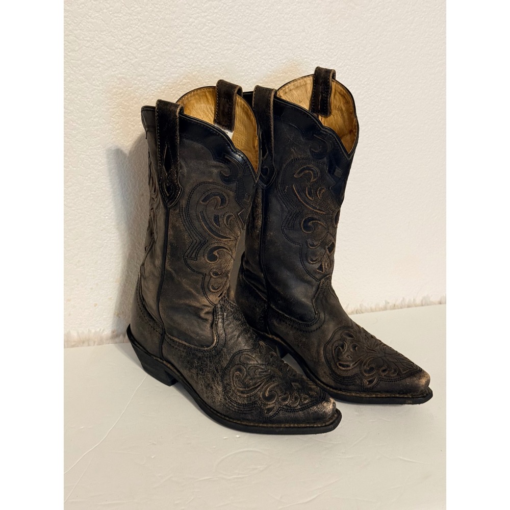 Womens Distressed Black Leather Embroidered Western Cowboy Boots size 6.5